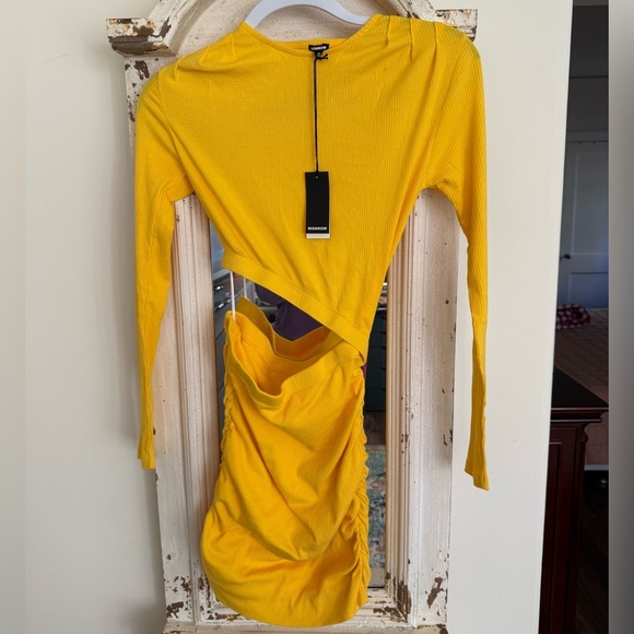 NWT Monrow Bright Yellow Ribbed Longsleeve Cutout Mini Dress - Picture 3 of 5